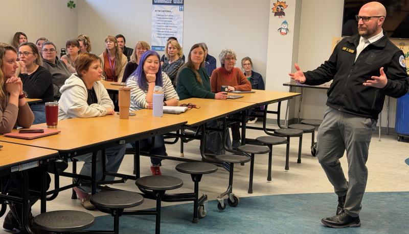 Police chief introduces body shield backpacks at Boothbay school